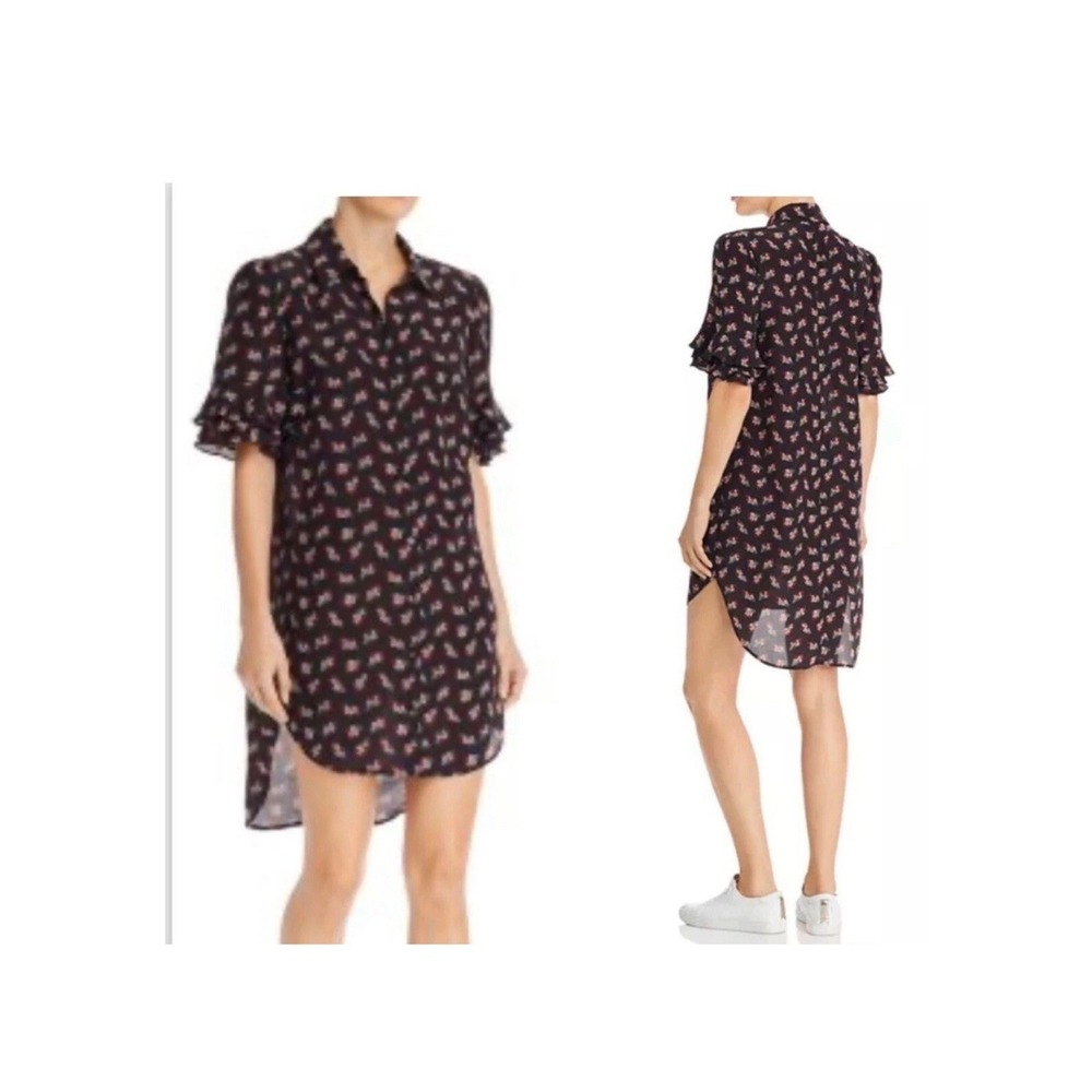 Frame 100% Silk Black‎ Printed Shirt Dress Ruffle Sleeve High Low Hem Sz LARGE